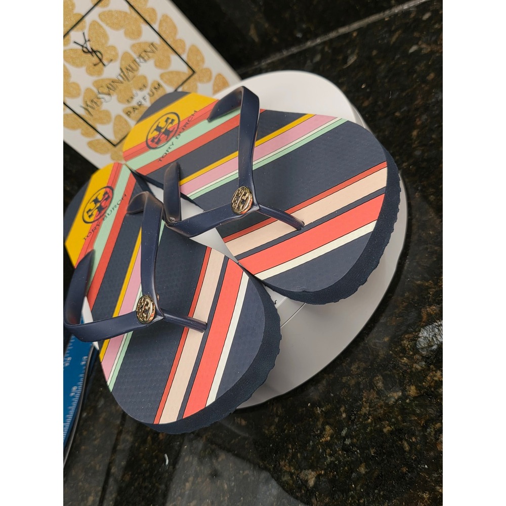 Tory Burch Flip Flops 8M Navy Multi Stripe Logo Thong Sandals Summer Beachwear - Picture 9 of 9